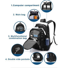 Waterproof 17 Inch Laptop Backpack compartment layout for organising laptops, chargers, and documents for work.