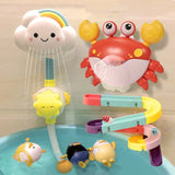 Colorful bath toy set with cloud-shaped shower, crab bubble maker, and various sea creature toys in a bathtub.