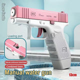 Pink and white water gun with detailed features on a poolside background