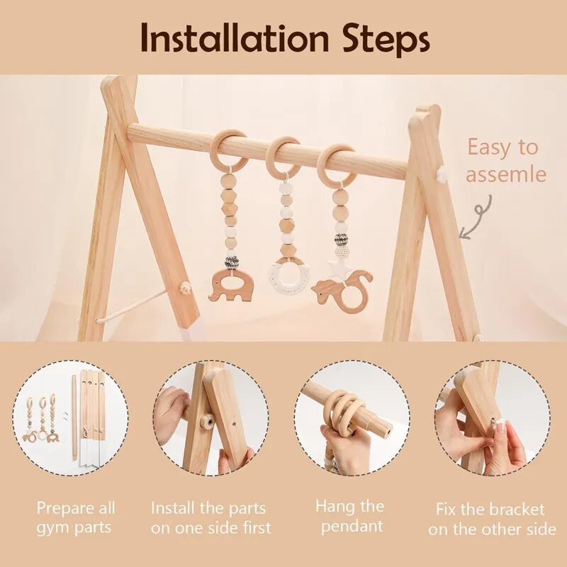 Wooden baby gym with installation steps on a beige background