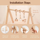 Wooden baby gym with installation steps on a beige background