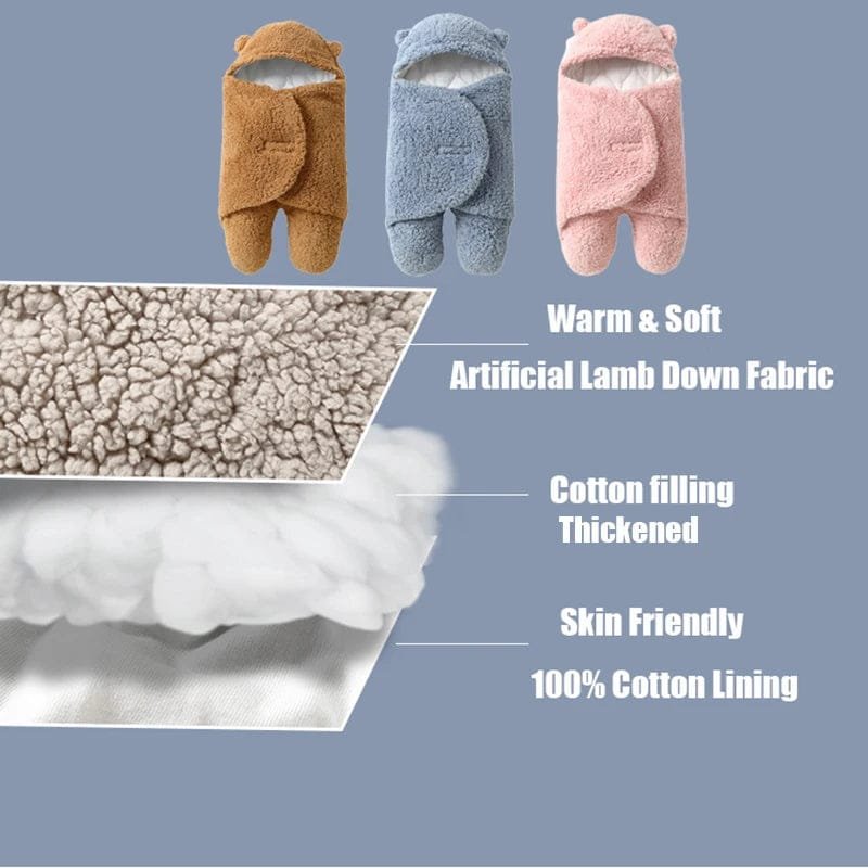 Three baby outfits in brown, blue, and pink with text describing fabric and filling details on a gray background.