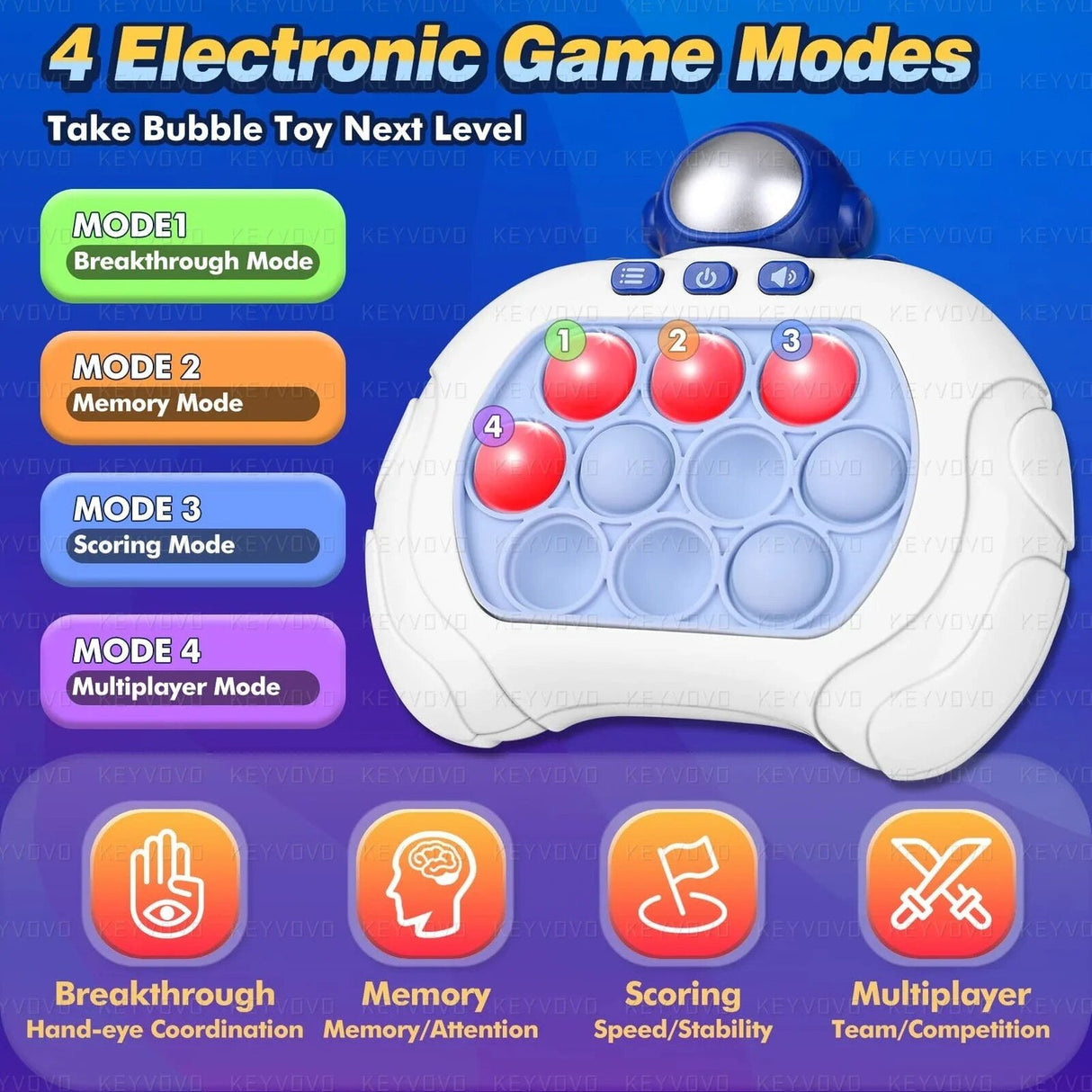 Bubble toy with electronic game modes on a blue background