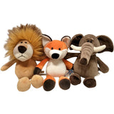 Plush toys of a lion, fox, and elephant on a white background