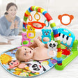 Baby playing on a colorful activity mat with toys, accompanied by a smiling adult.