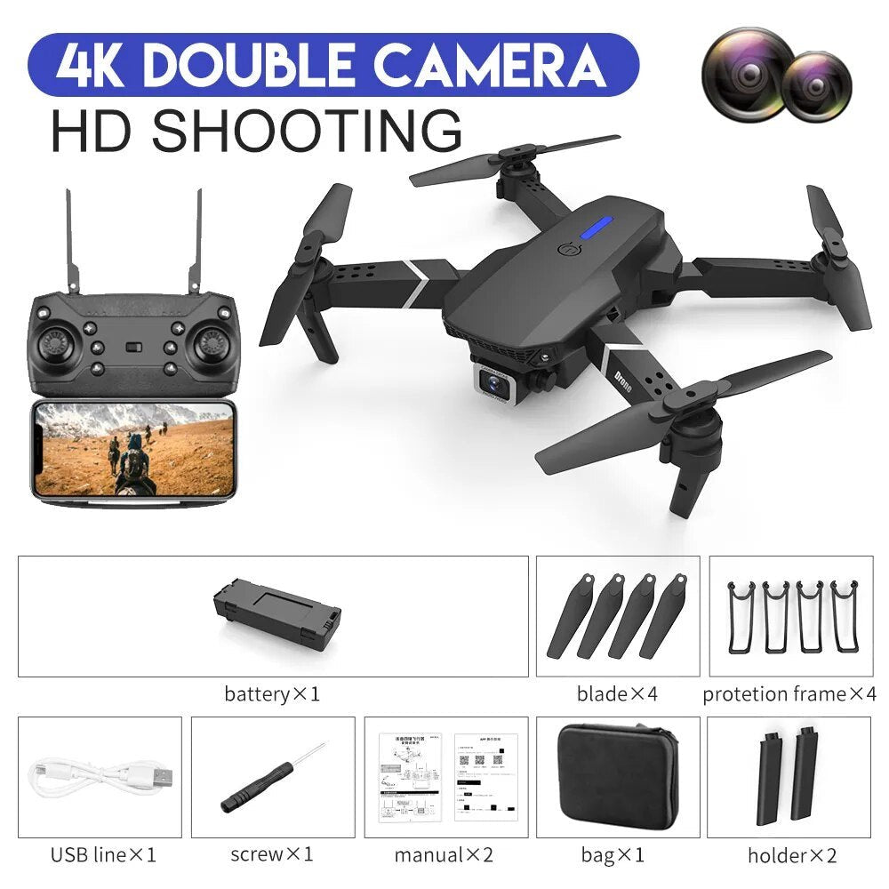 E525 New Quadcopter - E88 Pro WIFI FPV Drone, 4K Camera, Foldable RC Gift Toy - Black Dual4K Bag image