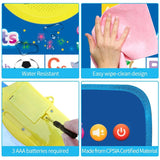 Product features including water resistance, easy wipe-clean design, battery requirement, and CPSIA certification.