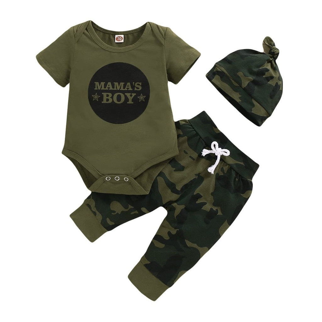 Baby outfit set with green bodysuit, camouflage pants, and hat on a white background