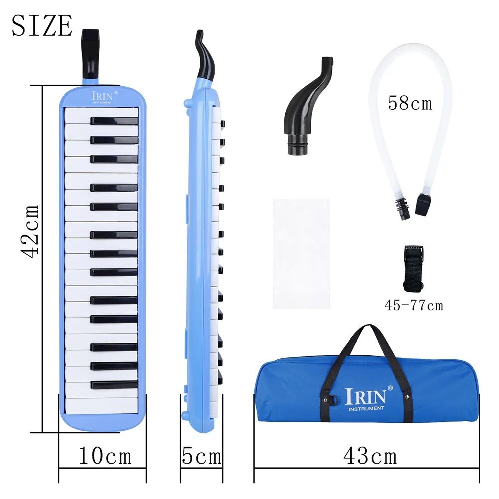 Blue and white keyboard instrument with measurement details on a white background