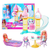 Barbie mermaid playground set with dolls and accessories in front of packaging