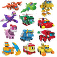 Collection of colorful toy vehicles in various forms on a white background