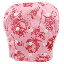 Pink cloth diaper with red rose pattern on a white background