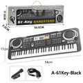 Electronic keyboard with packaging, dimensions, and accessories on a white background