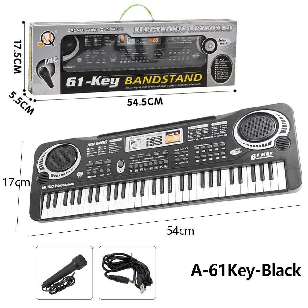 Electronic keyboard with packaging, dimensions, and accessories on a white background