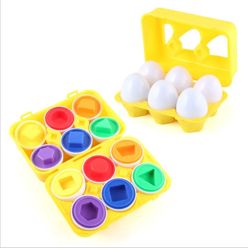 Colorful shape sorting toy with a yellow egg carton on a white background