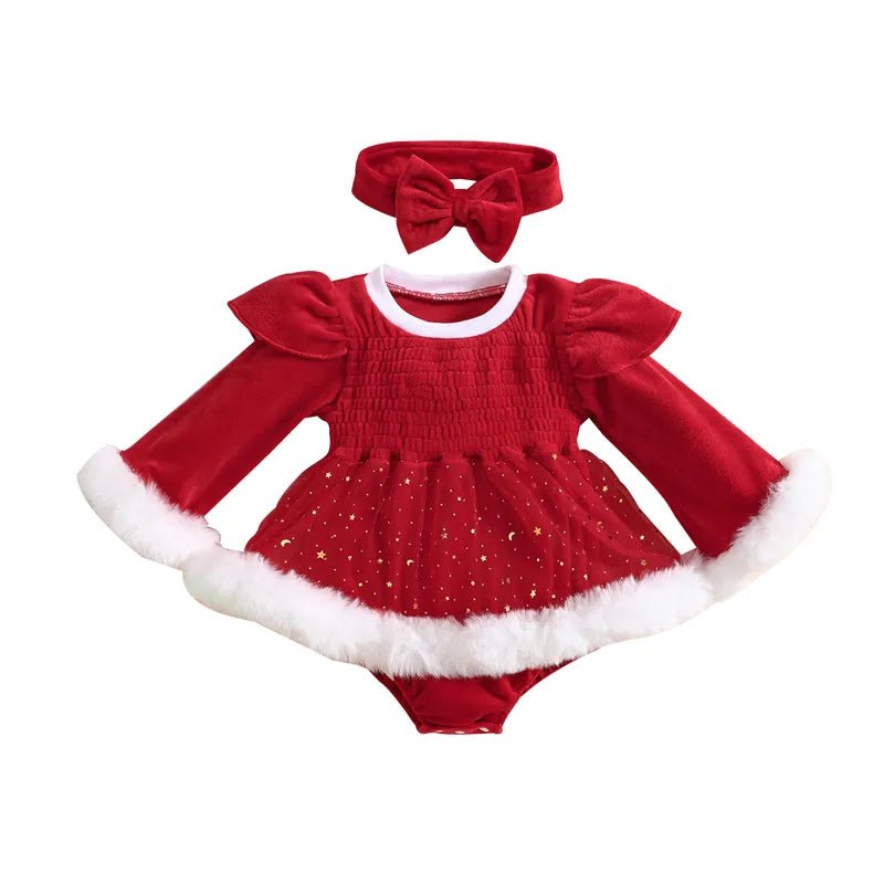 Red baby outfit with white trim and matching headband on a white background