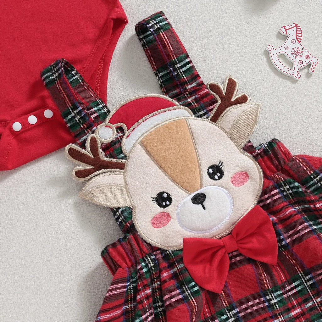 Baby outfit with reindeer design on a light gray background