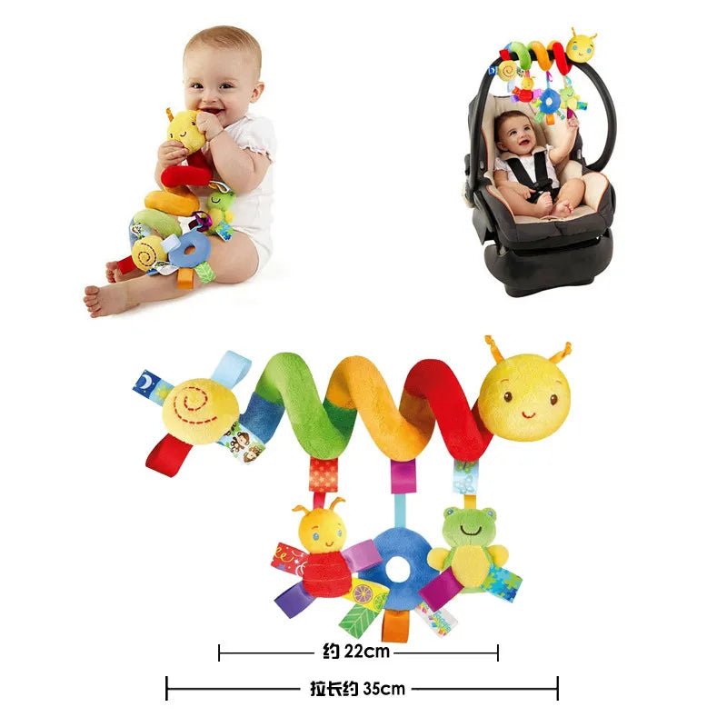 Colorful baby toy with animals and a baby sitting and in a car seat.