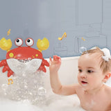 Child playing with a red crab toy in a bathtub filled with bubbles.