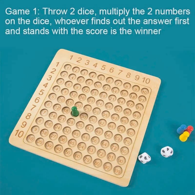 Wooden board game with numbered pegs and dice on a blue background