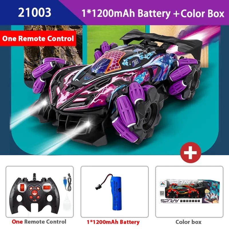 Toy car with remote control, battery, and color box on a colorful background