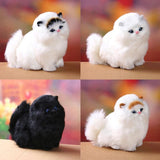 Four plush cat toys in different colors on a blurred background