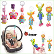 Baby car seat with colorful hanging toys and Sozzy logo.