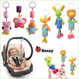 Baby car seat with colorful hanging toys and Sozzy logo.