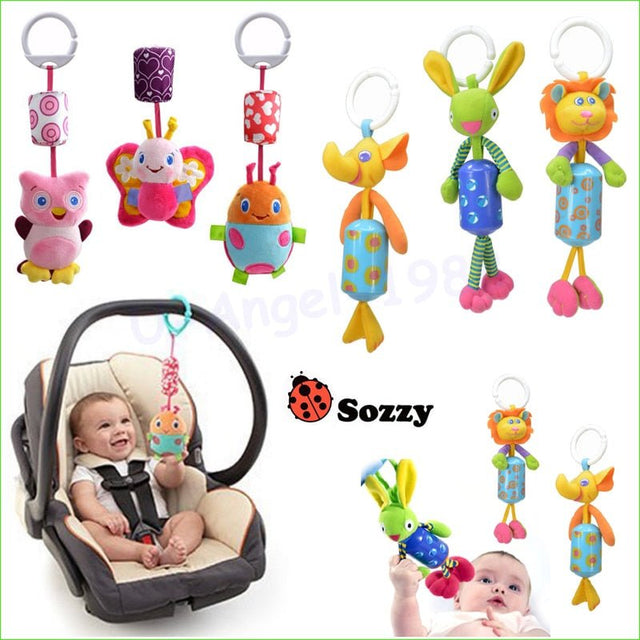 Baby car seat with colorful hanging toys and Sozzy logo.