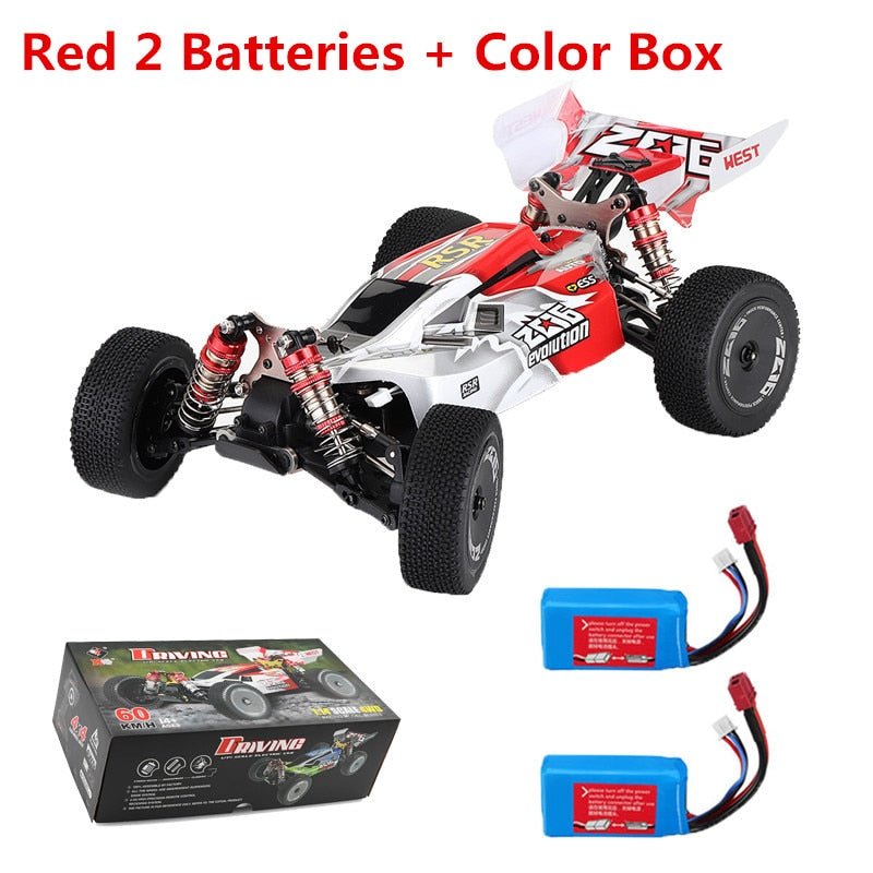 2.4G 4WD RC drift car racing toy shown with two red batteries for double play time.