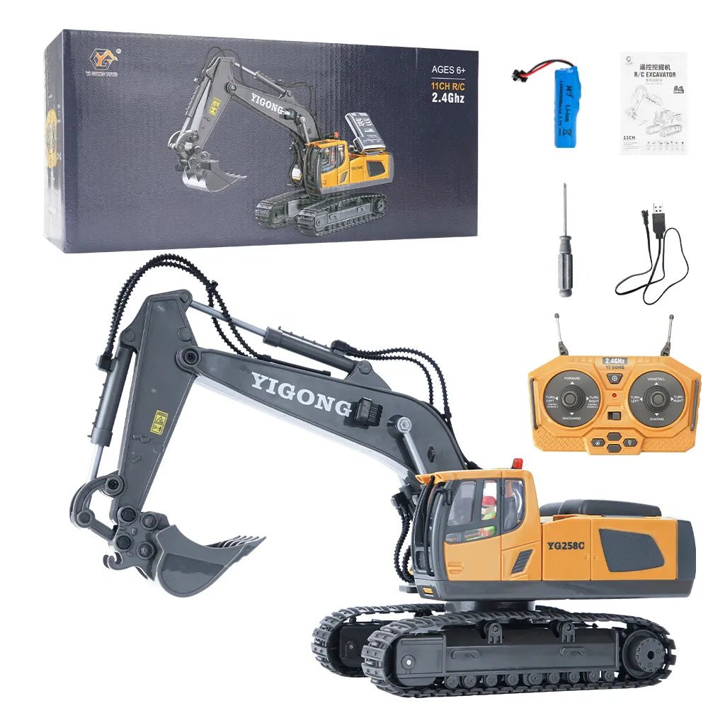 2.4G RC excavator boxed with remote and accessories, a gift package for birthdays and construction fans.