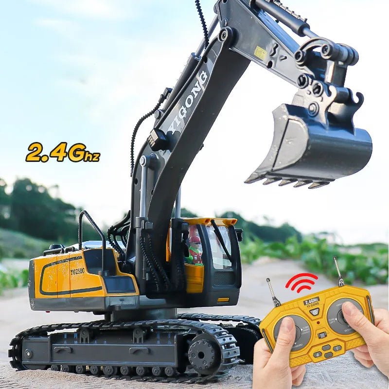 2.4GHz RC excavator with remote control, a kids digger toy for sandbox scooping and pretend building sites.