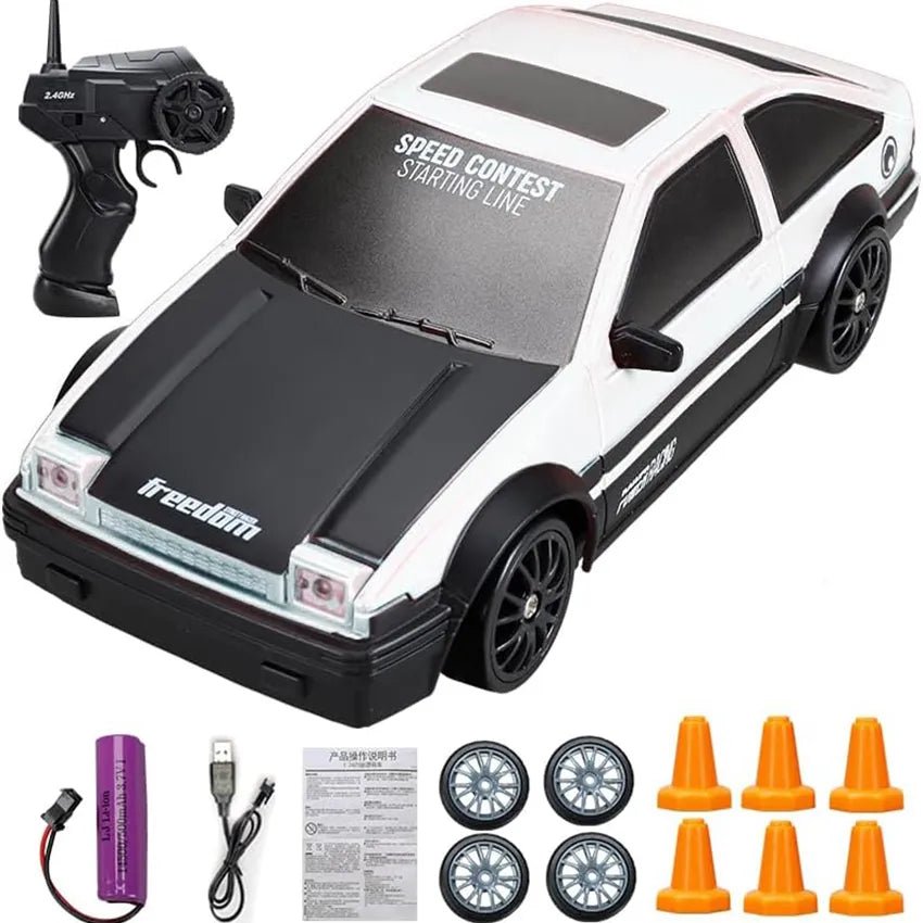 Toy car with remote control, tires, and cones.
