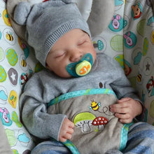 20-inch Levi reborn baby doll in a grey outfit with pacifier for realistic nurturing play and collecting.