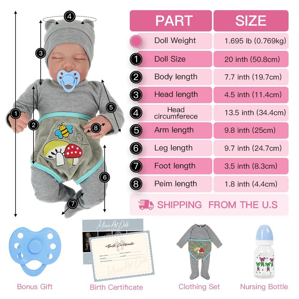 Size chart and included accessories for the Levi reborn vinyl doll to help choose clothing and gifts.