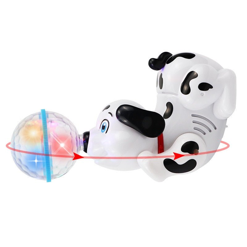 Toy resembling a dog with a ball and laser pointer on a white background