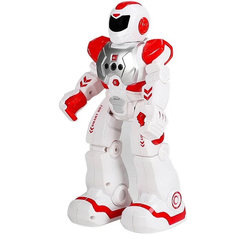 White and red robot toy on a white background