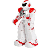 White and red robot toy on a white background