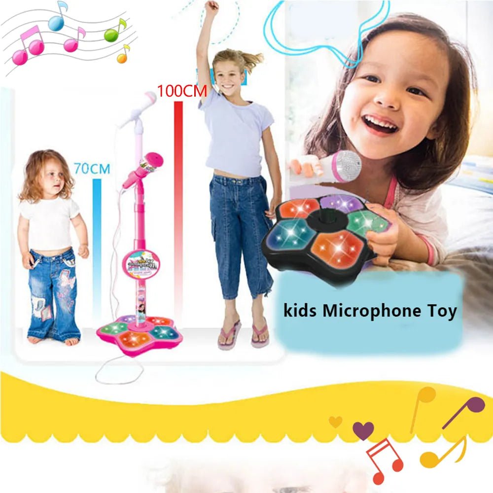 Children playing with a microphone and toy, with measurements and text on a white background.