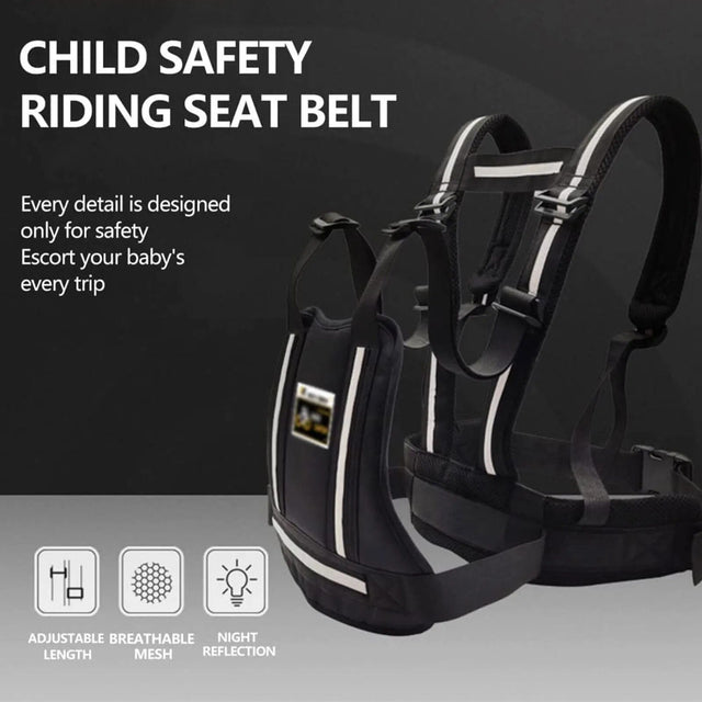 Child safety riding seat belt with features highlighted on a dark background