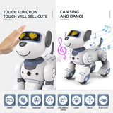 Robotic dog with touch screen and dancing capabilities on a white background