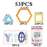 Set of magnetic building pieces with sizes and quantities indicated, including a colorful packaging box.