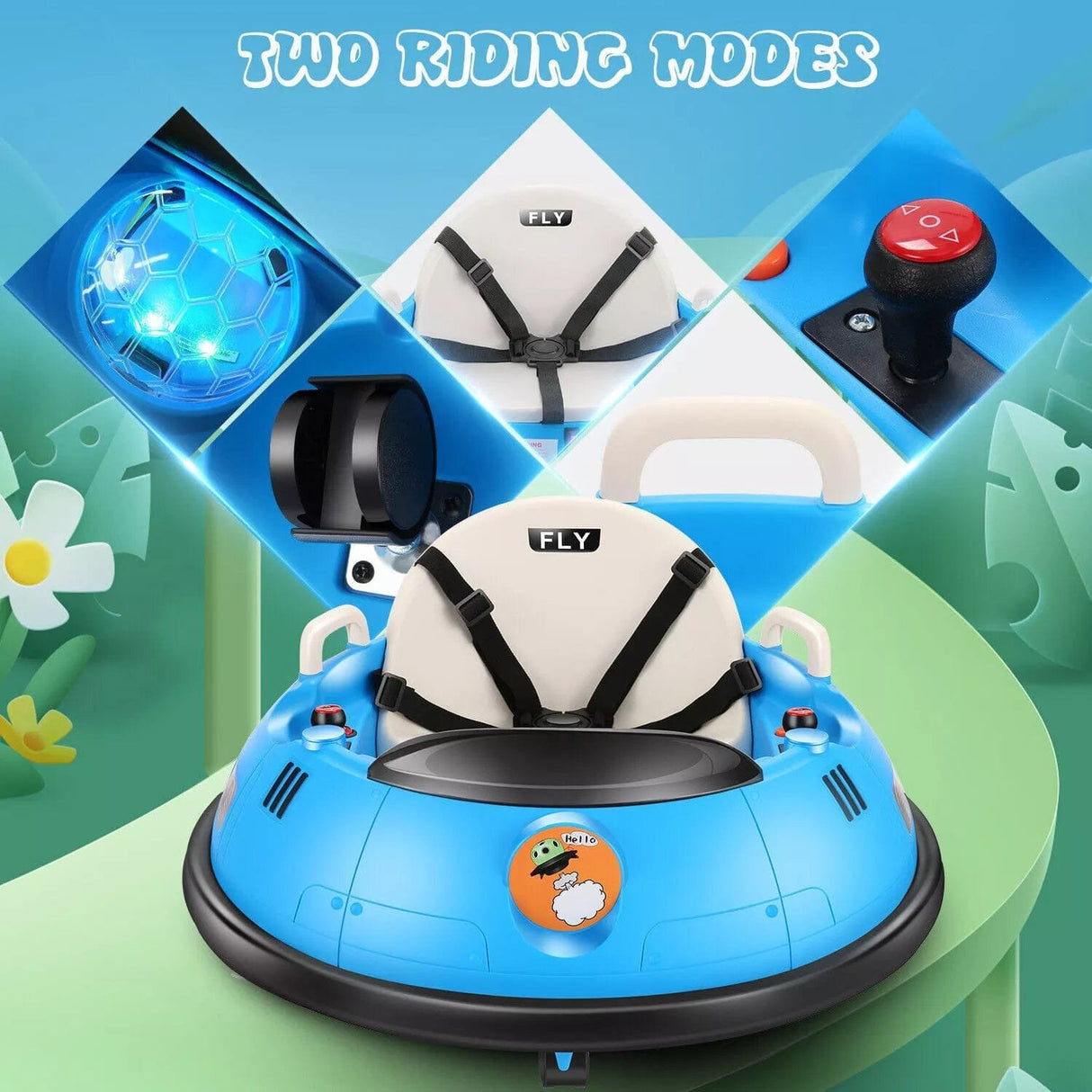 Blue children's bumper car with various features highlighted on a colorful background