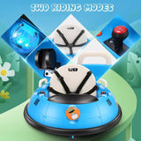 Blue children's bumper car with various features highlighted on a colorful background