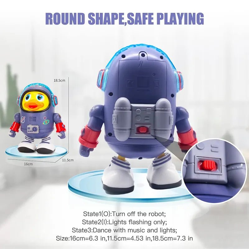 Toy robot with control panel and safety features highlighted on a white background