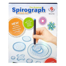 Boxed kids Spirograph art drawing set with 22 interlocking gears, ready to gift for rainy-day creativity.
