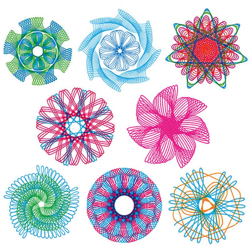 Colourful spiral patterns made with the 22pcs Spirograph gear wheel design kit for art projects and school crafts.