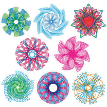 Colourful spiral patterns made with the 22pcs Spirograph gear wheel design kit for art projects and school crafts.