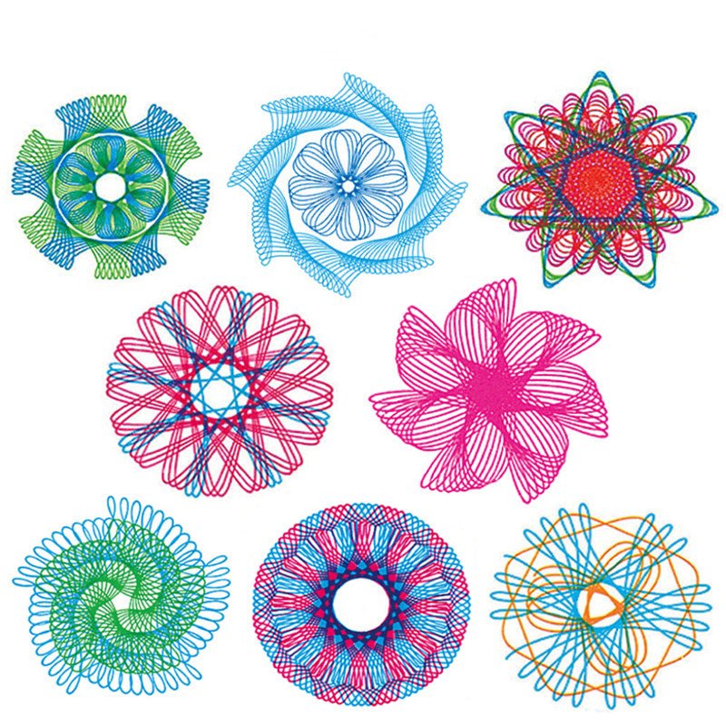 Geometric flower artwork drawn with the kids Spirograph toy set for wall art, cards and school projects.