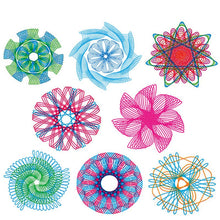 Geometric flower artwork drawn with the kids Spirograph toy set for wall art, cards and school projects.